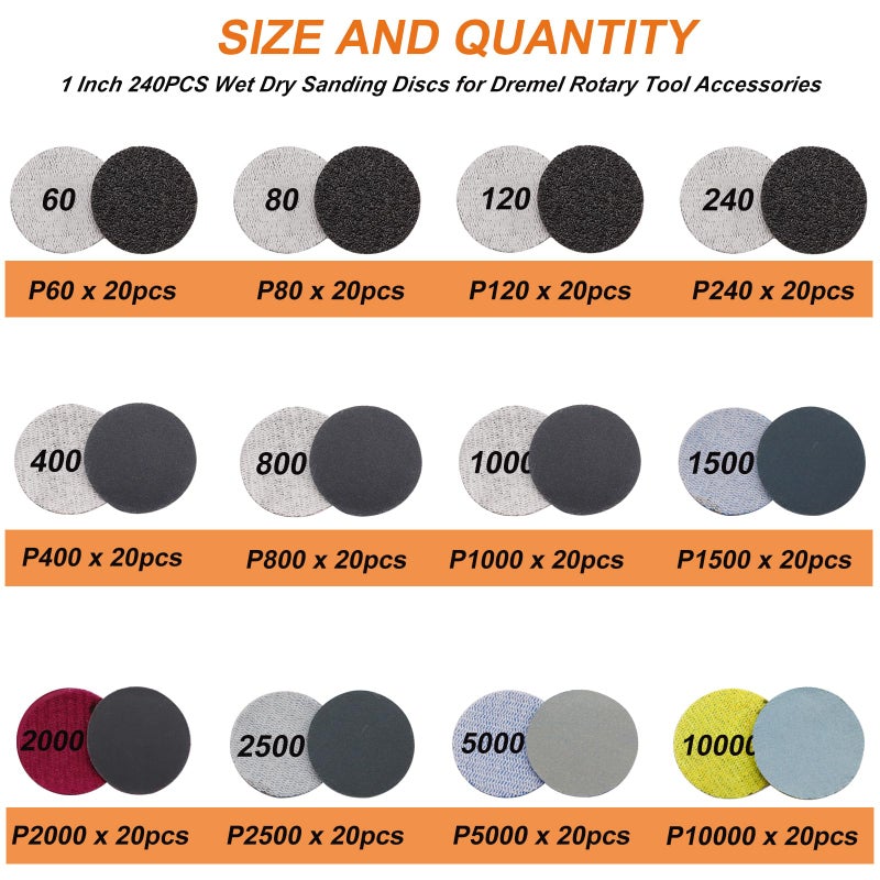 Sunxeke 279PCS 1Inch Sanding Discs and Drum for Dremel Tool Accessories,60-10000 Grit Hook and Loop Sandpaper for Dremel Polishing Kit,Sanding Bits kit for Resin/Rock/Making Jewelry Polishing - Image 2