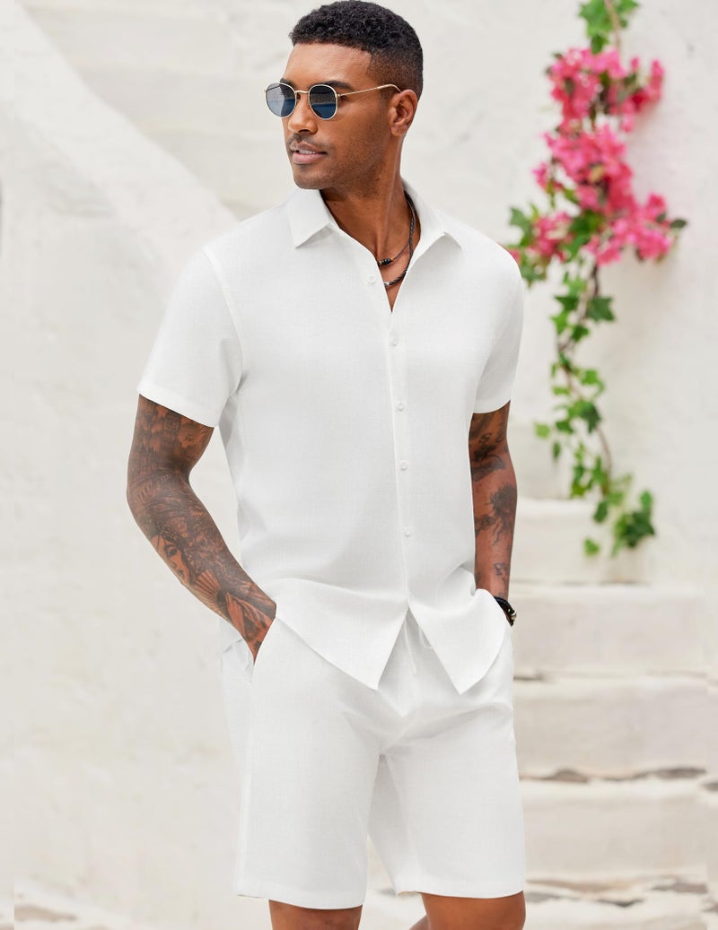 COOFANDY Men 2 Piece Sets Cotton Linen Set Short Sleeve Button Down Shirts Beach Shorts Cruise Wear Summer Outfits White - Image 3