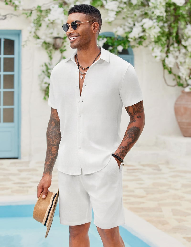 COOFANDY Men 2 Piece Sets Cotton Linen Set Short Sleeve Button Down Shirts Beach Shorts Cruise Wear Summer Outfits White - Image 2