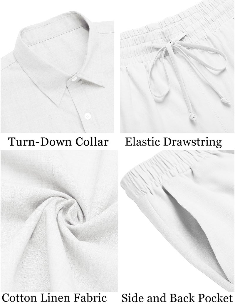 COOFANDY Men 2 Piece Sets Cotton Linen Set Short Sleeve Button Down Shirts Beach Shorts Cruise Wear Summer Outfits White - Image 5