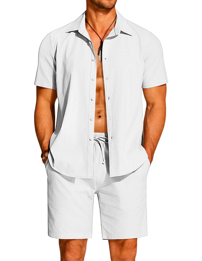 COOFANDY Men 2 Piece Sets Cotton Linen Set Short Sleeve Button Down Shirts Beach Shorts Cruise Wear Summer Outfits White - Image 1