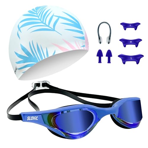SLOVIC Dark-Blue Swimming Goggles with White-Leaf Swimming Caps for Men & Women with Detachable Silicon Nose Bridge | Free Size Cap, UV-Protected Glasses, Adjustable Straps with Ear Plugs & Nose Clip - Image 1