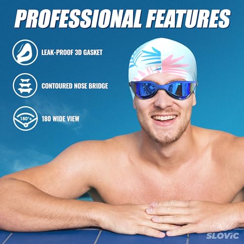 SLOVIC Dark-Blue Swimming Goggles with White-Leaf Swimming Caps for Men & Women with Detachable Silicon Nose Bridge | Free Size Cap, UV-Protected Glasses, Adjustable Straps with Ear Plugs & Nose Clip - Image 2