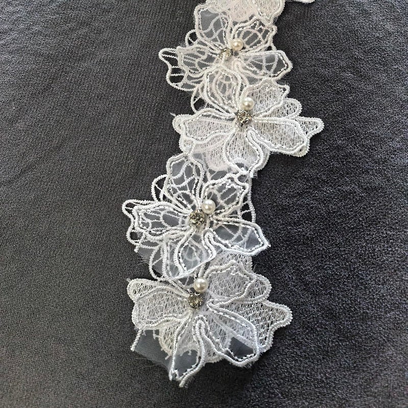 Buysk 2 Yards 3D Pearl Beads Flower Lace Trim Ribbon Floral Applique Embroidered Lace Fabric for Sewing DIY Crafts (White) - Image 4