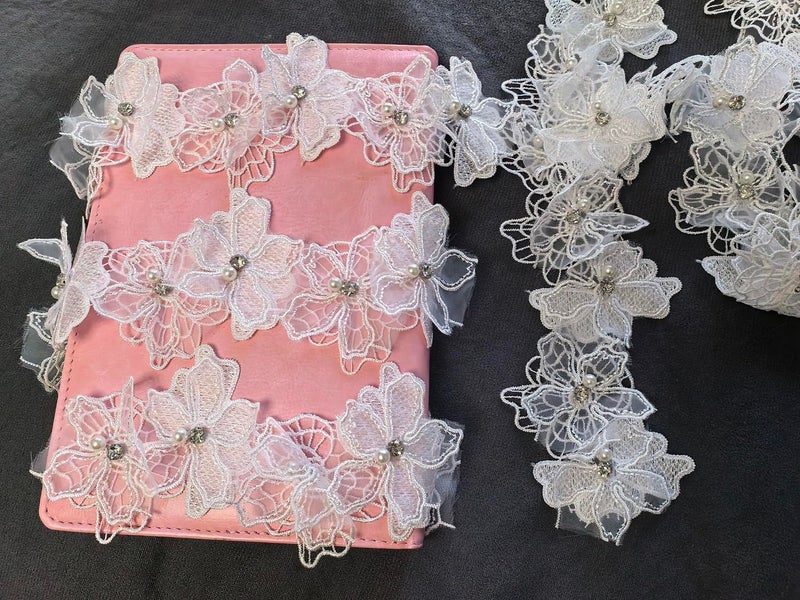 Buysk 2 Yards 3D Pearl Beads Flower Lace Trim Ribbon Floral Applique Embroidered Lace Fabric for Sewing DIY Crafts (White) - Image 5