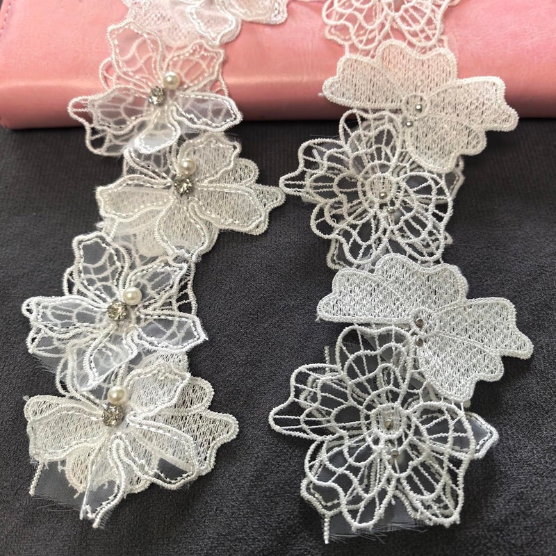 Buysk 2 Yards 3D Pearl Beads Flower Lace Trim Ribbon Floral Applique Embroidered Lace Fabric for Sewing DIY Crafts (White) - Image 2