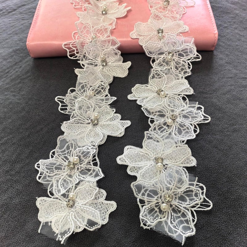 Buysk 2 Yards 3D Pearl Beads Flower Lace Trim Ribbon Floral Applique Embroidered Lace Fabric for Sewing DIY Crafts (White) - Image 1