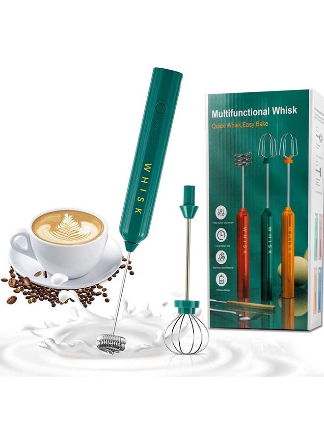 Arabest Powerful Electric Milk Frother with 3 Gear Adjustment, Handheld Milk Whisk for Coffee, Egg Beater Drink Mixer USB Rechargeable with 2 Stainless Whisk for Milk Cappuccino(Green)  - Image 1
