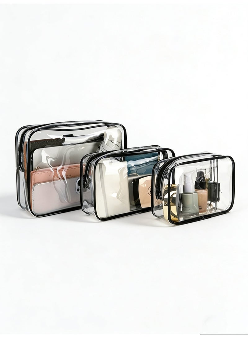 Baraka 3-Piece Clear Makeup Bag Set – Travel Toiletry Bags in Multiple Sizes – Cosmetic Storage Pouches & Portable Wash Bags – Ideal for Organization on the Go – Black - Image 1