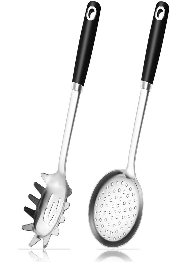 MUJINON 18/0 Stainless Steel Spaghetti Spoon & Slotted Spoon for Cooking, Heavy Duty Frying Spoon Pasta Strainer Skimmer, Cooking Utensils Commercial and Residential Use, Pack of 2 - Image 1