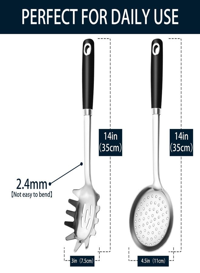 MUJINON 18/0 Stainless Steel Spaghetti Spoon & Slotted Spoon for Cooking, Heavy Duty Frying Spoon Pasta Strainer Skimmer, Cooking Utensils Commercial and Residential Use, Pack of 2 - Image 2