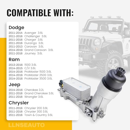 LLNSEAUTO Aluminum Engine Oil Cooler & Oil Filter Housing | Fit for Chrysler 200 300, Jeep Grand Cherokee Wrangler, Ram 1500 ProMaster, Dodge Challenger Durango Journey 3.6L V6 | OE#: ‎926-876 926-959 5184294AE - Image 4