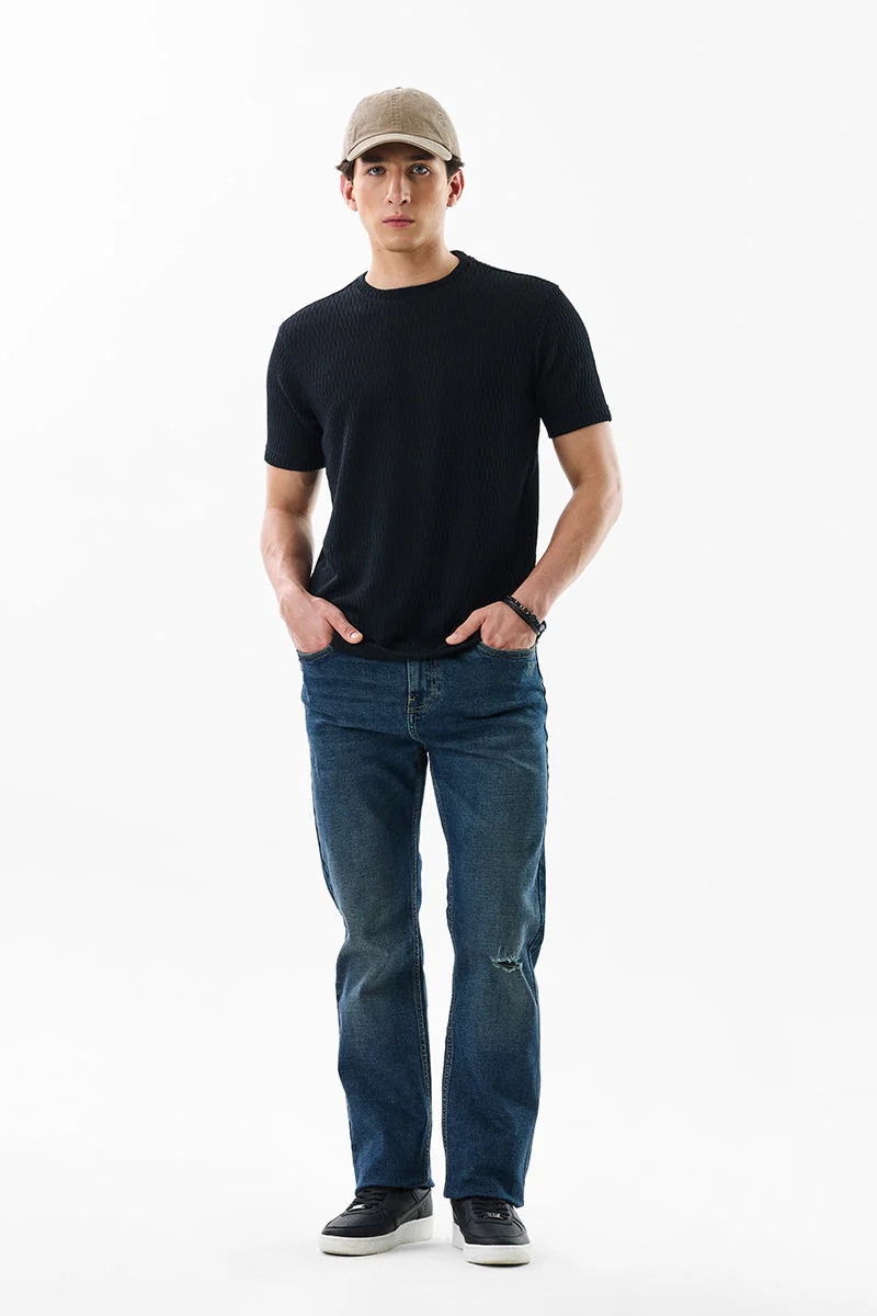 SNITCH Ink Blue Ink Blue Textured Straight Fit Casual Jeans for Men | Best Price UAE