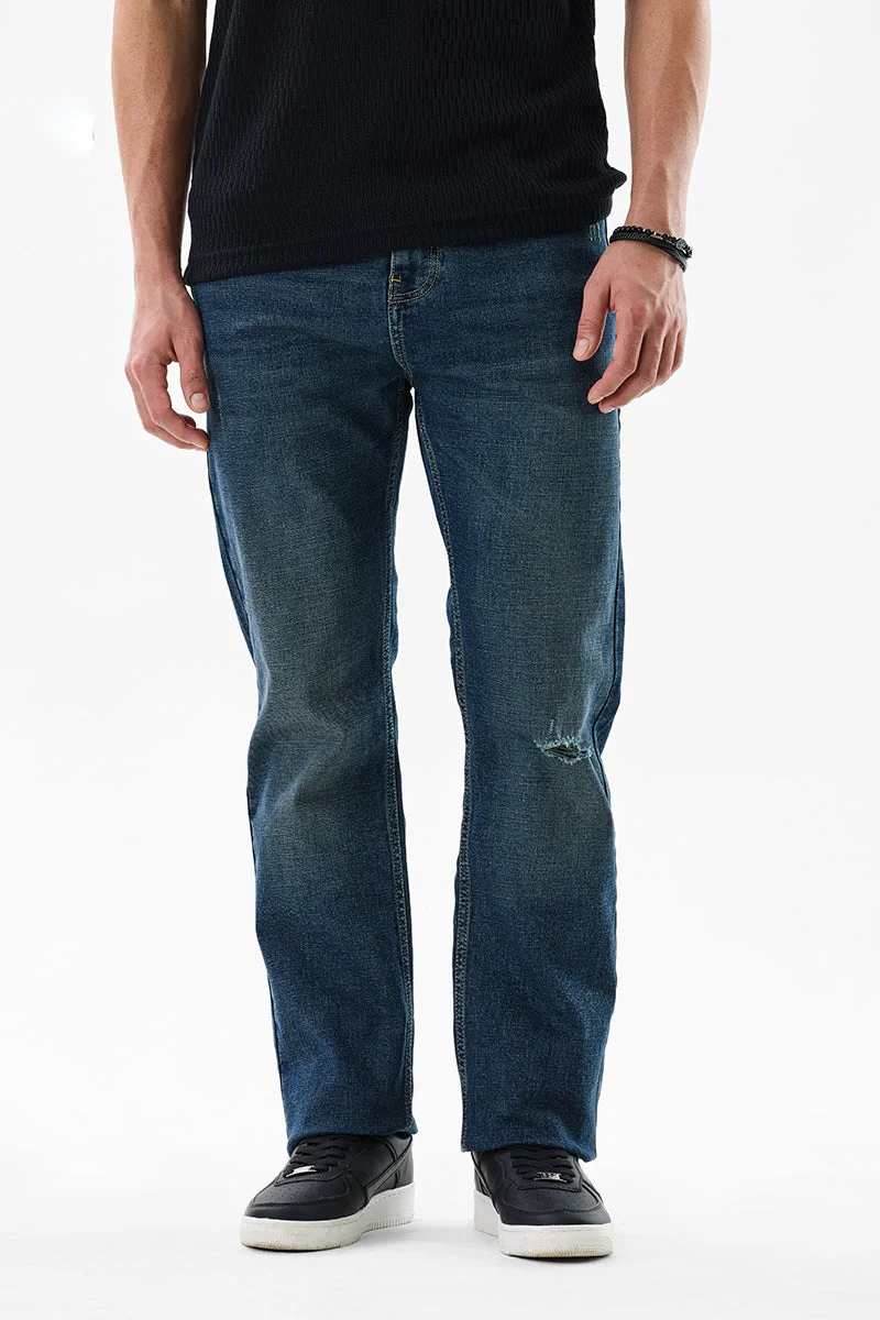 سنيتش Ink Blue Textured Straight Fit Casual Jeans