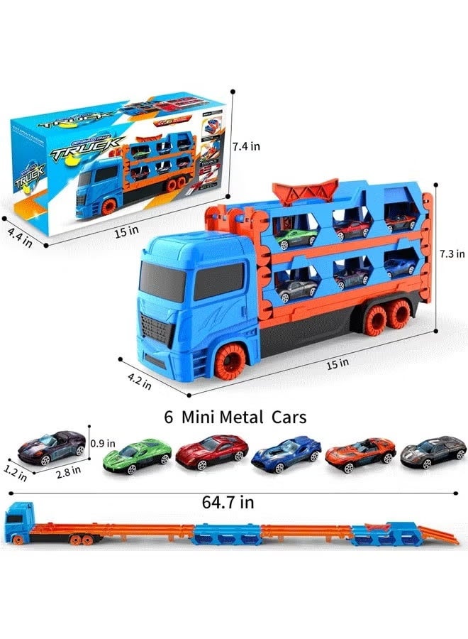 FLYHSO Race Car Track Toy Truck Toy with Dual Race Track and Ejection Car, Big Truck Folding Storage Track Alloy Racing Car Transporter Inertia Truck with 6 Alloy Cars Vehicles Toy Set for 3+ Kids Boys Girls  (Blue) - Image 2