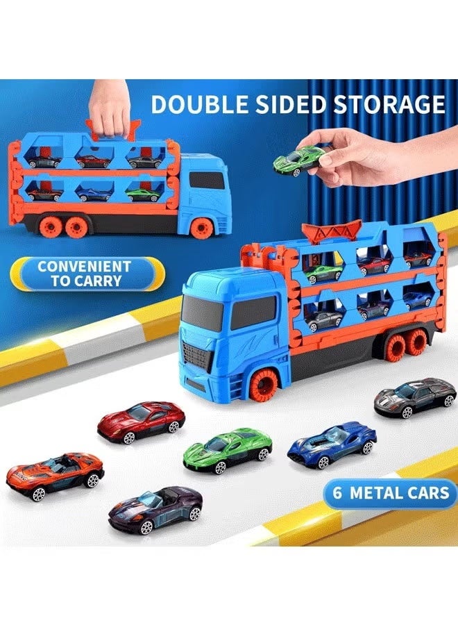 FLYHSO Race Car Track Toy Truck Toy with Dual Race Track and Ejection Car, Big Truck Folding Storage Track Alloy Racing Car Transporter Inertia Truck with 6 Alloy Cars Vehicles Toy Set for 3+ Kids Boys Girls  (Blue) - Image 4