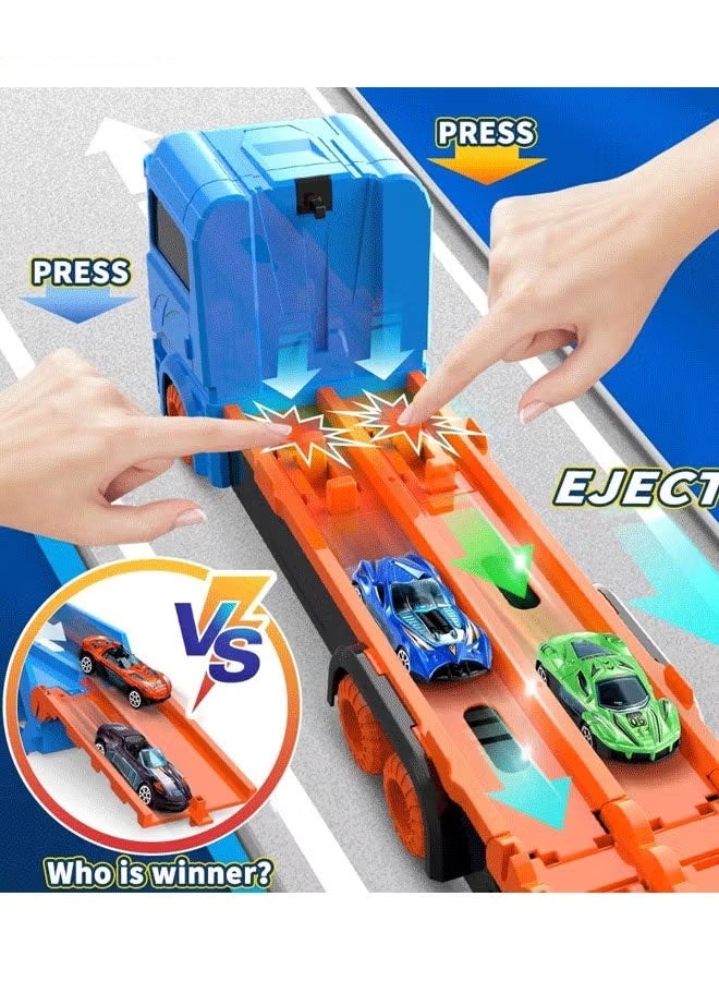FLYHSO Race Car Track Toy Truck Toy with Dual Race Track and Ejection Car, Big Truck Folding Storage Track Alloy Racing Car Transporter Inertia Truck with 6 Alloy Cars Vehicles Toy Set for 3+ Kids Boys Girls  (Blue) - Image 5