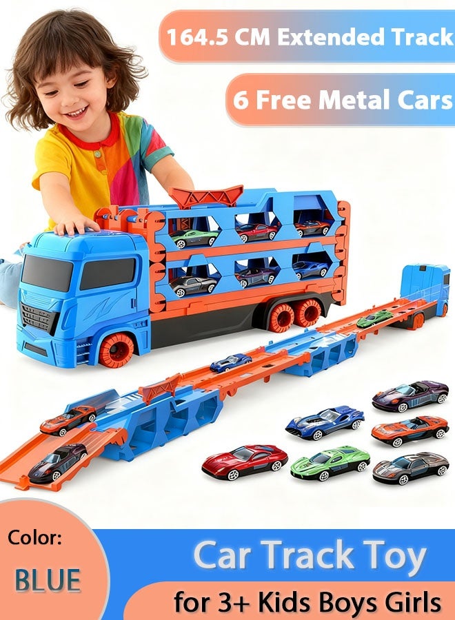 FLYHSO Race Car Track Toy Truck Toy with Dual Race Track and Ejection Car, Big Truck Folding Storage Track Alloy Racing Car Transporter Inertia Truck with 6 Alloy Cars Vehicles Toy Set for 3+ Kids Boys Girls  (Blue) - Image 1