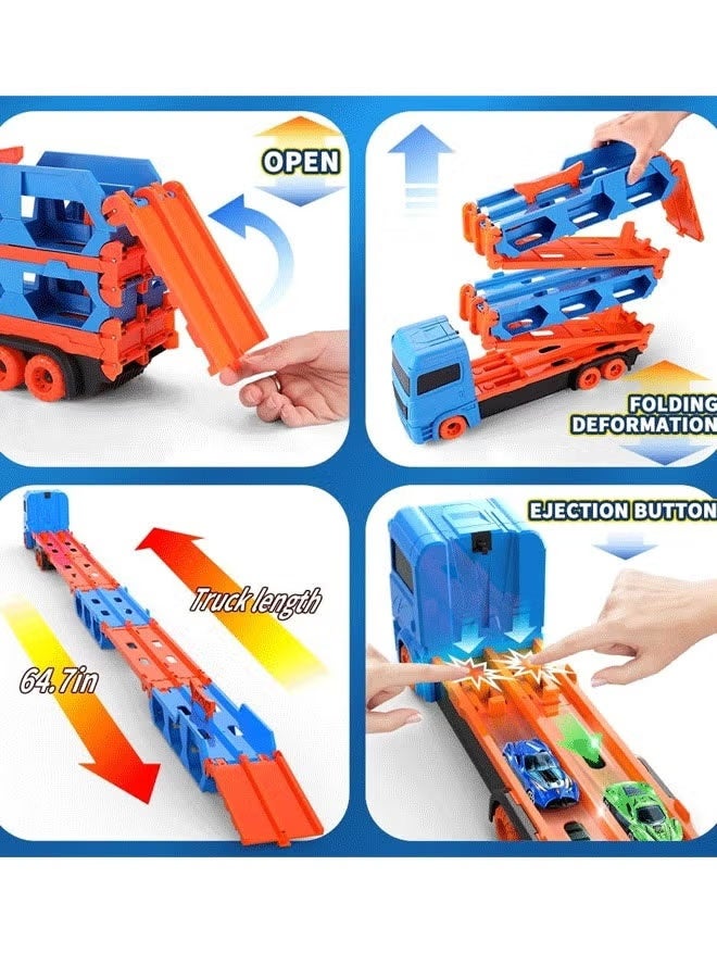 FLYHSO Race Car Track Toy Truck Toy with Dual Race Track and Ejection Car, Big Truck Folding Storage Track Alloy Racing Car Transporter Inertia Truck with 6 Alloy Cars Vehicles Toy Set for 3+ Kids Boys Girls  (Blue) - Image 3