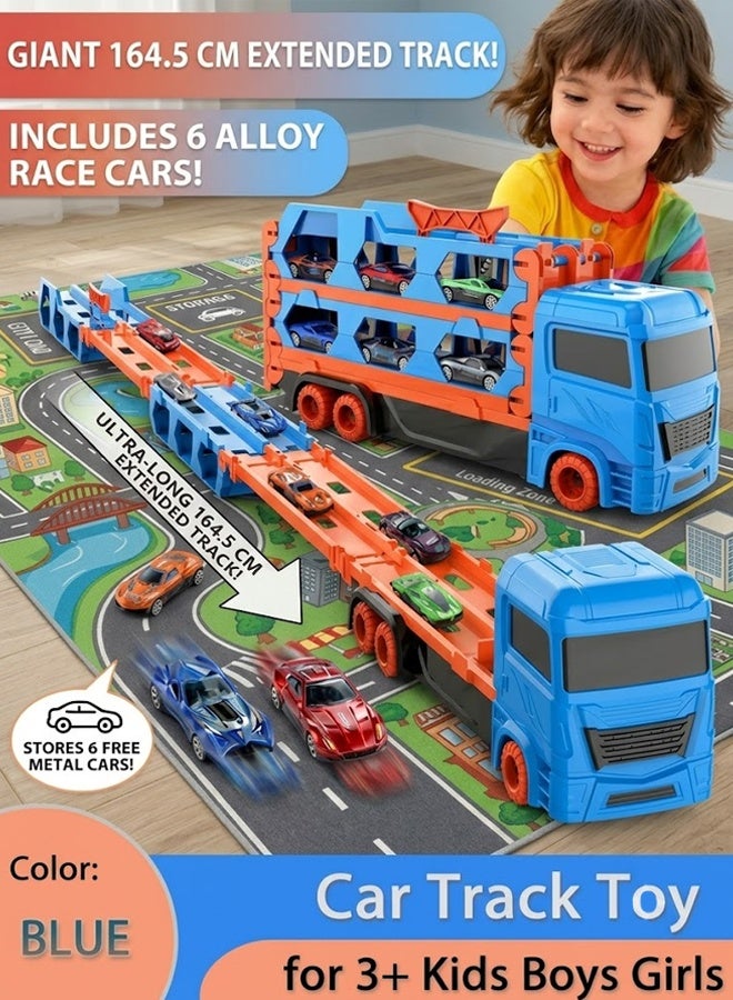 FLYHSO Race Car Track Toy Truck Toy with Dual Race Track and Ejection Car, Big Truck Folding Storage Track Alloy Racing Car Transporter Inertia Truck with 6 Alloy Cars Vehicles Toy Set for 3+ Kids Boys Girls  (Blue) - Image 1