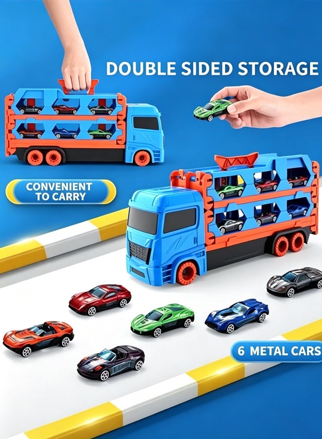 FLYHSO Race Car Track Toy Truck Toy with Dual Race Track and Ejection Car, Big Truck Folding Storage Track Alloy Racing Car Transporter Inertia Truck with 6 Alloy Cars Vehicles Toy Set for 3+ Kids Boys Girls  (Blue) - Image 4