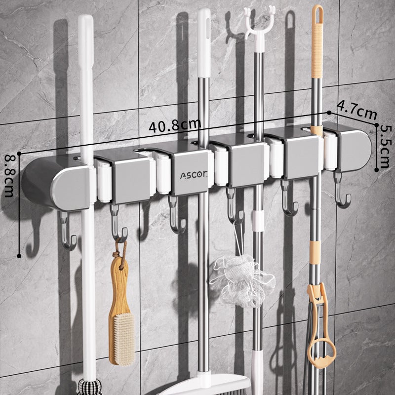 Adhesive 4Clips5Hooks Ivory Wall-Mounted Mop Holder, No Drilling Storage Rack for Brooms and Mops, Bathroom Organizer - Image 2