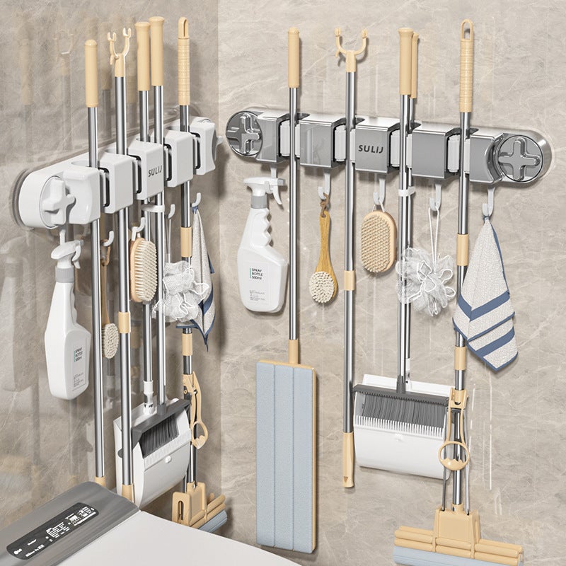 Adhesive 4Clips5Hooks Ivory Wall-Mounted Mop Holder, No Drilling Storage Rack for Brooms and Mops, Bathroom Organizer - Image 3