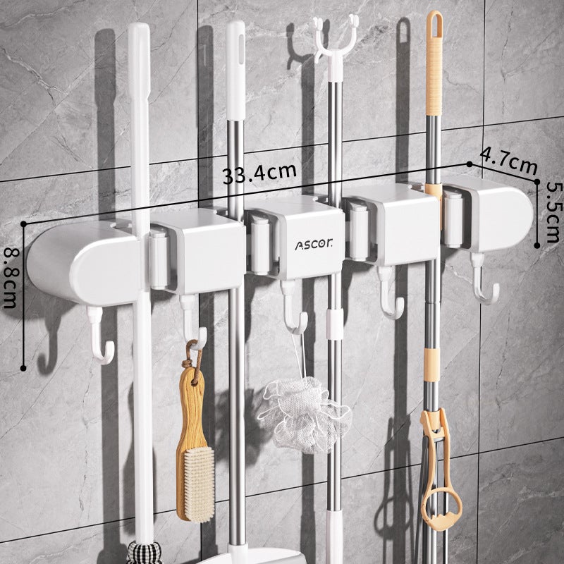 Adhesive 4Clips5Hooks Ivory Wall-Mounted Mop Holder, No Drilling Storage Rack for Brooms and Mops, Bathroom Organizer - Image 1