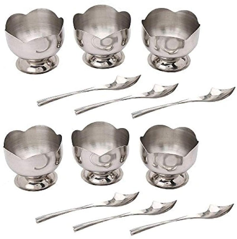 KD ZONE Stainless Steel Lotus Design Dessert Ice Cream Cups with Spoon | 6 Psc Bowl Set | Silver | Serving Bowl for Ice Cream/Fruits/Pudding Gift Article - Image 2