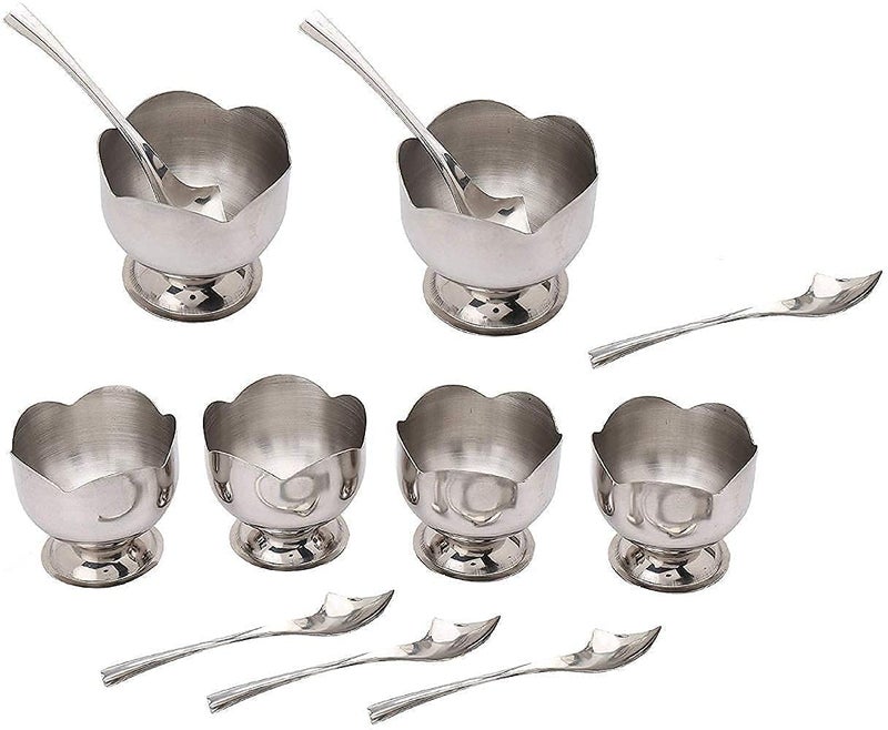 KD ZONE Stainless Steel Lotus Design Dessert Ice Cream Cups with Spoon | 6 Psc Bowl Set | Silver | Serving Bowl for Ice Cream/Fruits/Pudding Gift Article - Image 3