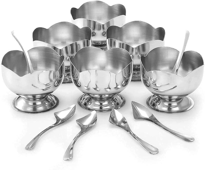 KD ZONE Stainless Steel Lotus Design Dessert Ice Cream Cups with Spoon | 6 Psc Bowl Set | Silver | Serving Bowl for Ice Cream/Fruits/Pudding Gift Article - Image 1