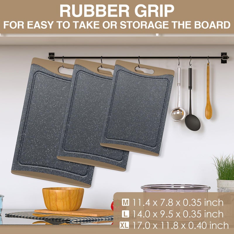 Empune Extra Large Cutting Boards, Plastic Cutting Boards for Kitchen (Set of 3) Cutting Board Set Dishwasher Chopping Board with Juice Grooves Easy-Grip Handles, Brown, Empune - Image 4