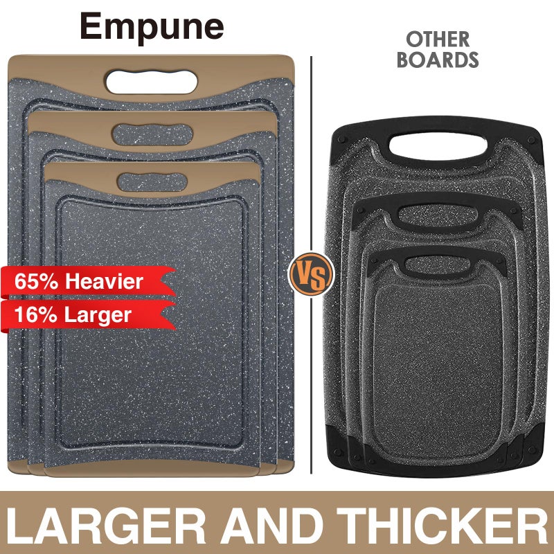 Empune Extra Large Cutting Boards, Plastic Cutting Boards for Kitchen (Set of 3) Cutting Board Set Dishwasher Chopping Board with Juice Grooves Easy-Grip Handles, Brown, Empune - Image 2
