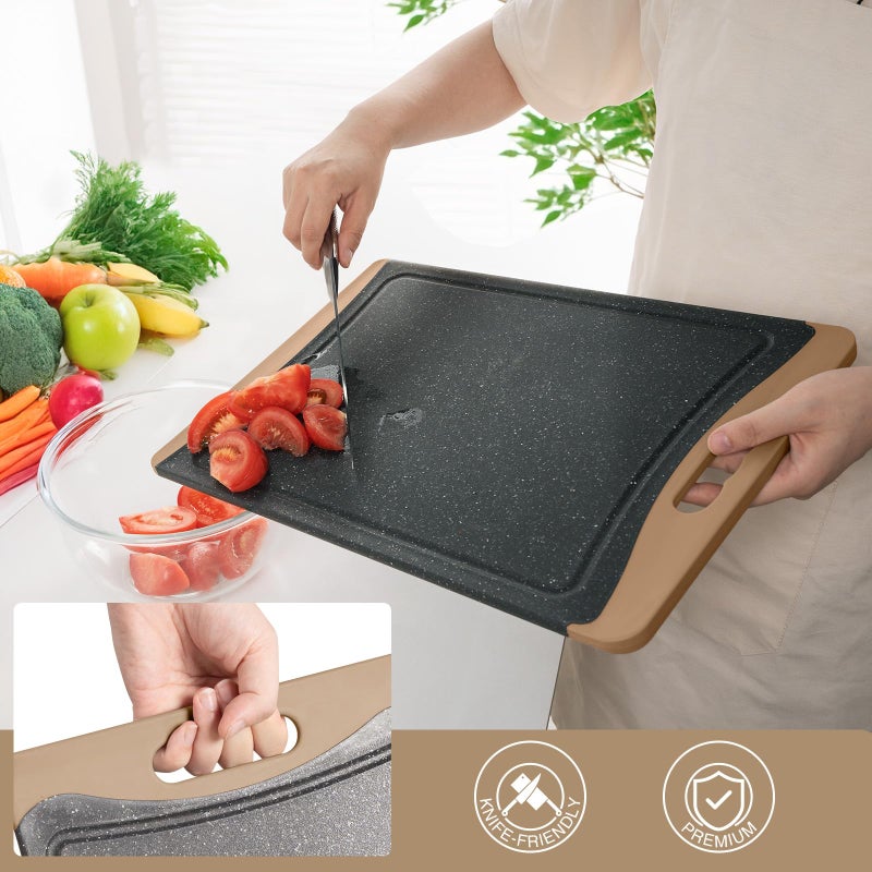 Empune Extra Large Cutting Boards, Plastic Cutting Boards for Kitchen (Set of 3) Cutting Board Set Dishwasher Chopping Board with Juice Grooves Easy-Grip Handles, Brown, Empune - Image 3
