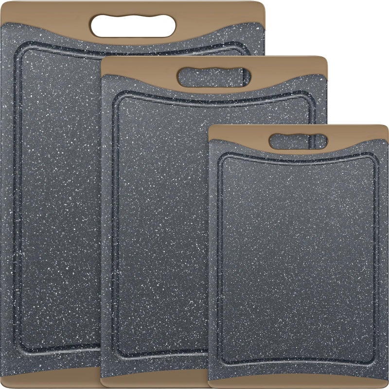 Empune Extra Large Cutting Boards, Plastic Cutting Boards for Kitchen (Set of 3) Cutting Board Set Dishwasher Chopping Board with Juice Grooves Easy-Grip Handles, Brown, Empune - Image 1