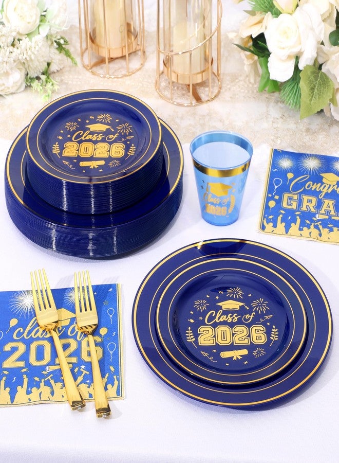 qonimi 150 Pcs 2026 Graduation Plastic Plates with Disposable Silverware Serves 30 Guests, Blue Gold Graduation Disposable Plates Including 30 Dinner&Dessert Plates, Cups, Napkins, Gold Forks for Party - Image 5