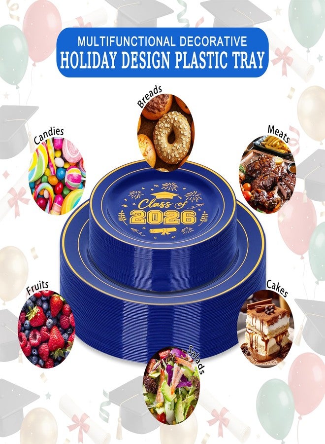 qonimi 150 Pcs 2026 Graduation Plastic Plates with Disposable Silverware Serves 30 Guests, Blue Gold Graduation Disposable Plates Including 30 Dinner&Dessert Plates, Cups, Napkins, Gold Forks for Party - Image 4