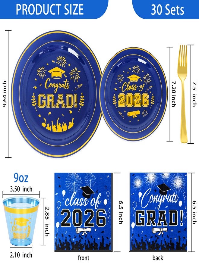 qonimi 150 Pcs 2026 Graduation Plastic Plates with Disposable Silverware Serves 30 Guests, Blue Gold Graduation Disposable Plates Including 30 Dinner&Dessert Plates, Cups, Napkins, Gold Forks for Party - Image 2