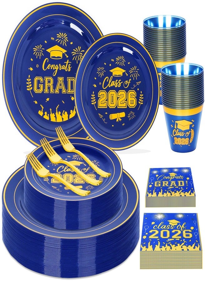 qonimi 150 Pcs 2026 Graduation Plastic Plates with Disposable Silverware Serves 30 Guests, Blue Gold Graduation Disposable Plates Including 30 Dinner&Dessert Plates, Cups, Napkins, Gold Forks for Party - Image 1