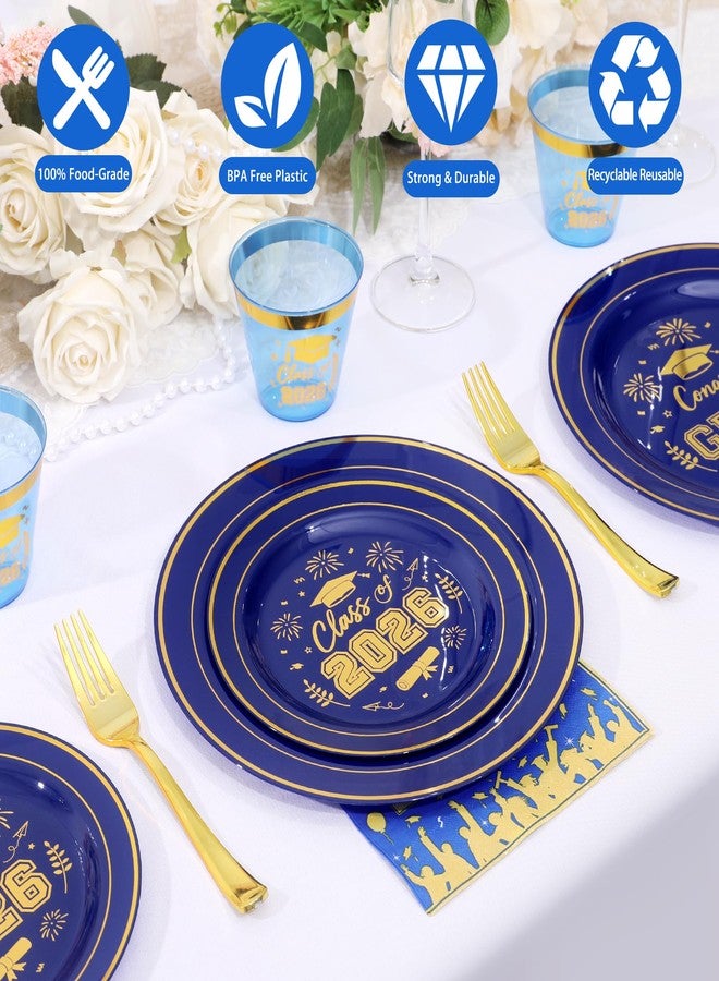 qonimi 150 Pcs 2026 Graduation Plastic Plates with Disposable Silverware Serves 30 Guests, Blue Gold Graduation Disposable Plates Including 30 Dinner&Dessert Plates, Cups, Napkins, Gold Forks for Party - Image 3