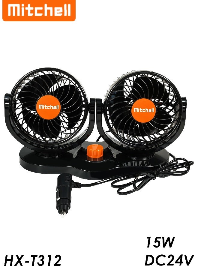 ميتشل مروحة سيارة Mitchell ثنائية الرأس HX-T312 24 فولت تيار مستمر 15 وات مروحة لوحة القيادة قابلة للتعديل مع دوران 360 درجة، تحكم بسرعتين، تدفق هواء قوي بثلاث شفرات، تشغيل هادئ، تصميم صغير ومتين للسيارات والشاحنات والحافلات والمركبات الترفيهية واستخدام التخييم - Image 1