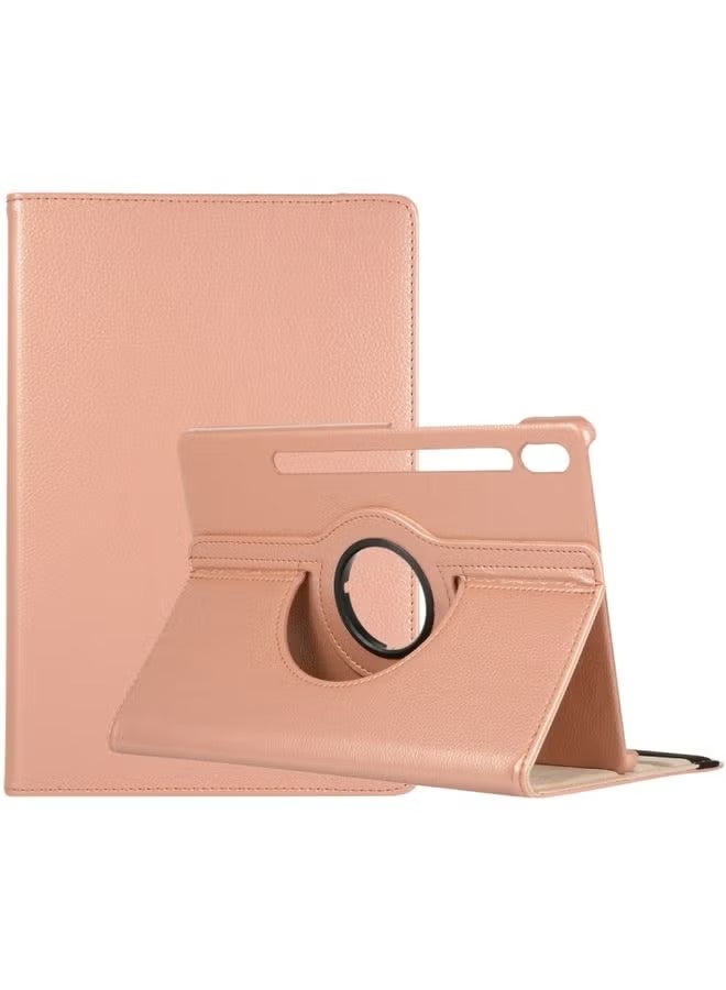 بروماس حافظة لهاتف سامسونج جالاكسي تاب S9 مع حامل دوران 360 درجة، حافظة جلدية للتابلت من جلد الليتشي، ذهبي وردي