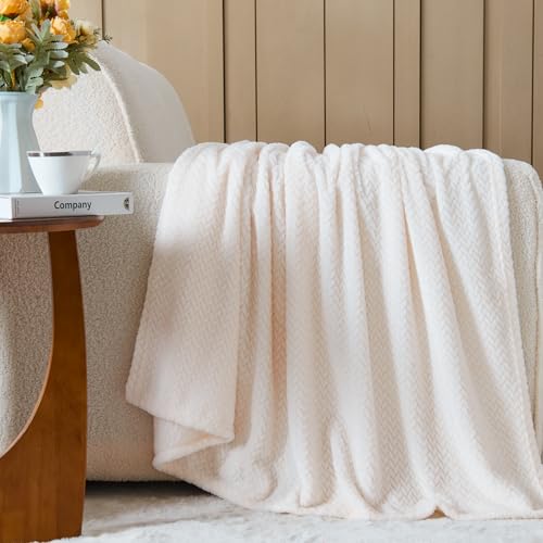 NEWCOSPLAY Super Soft Throw Blanket Ivory Premium Silky Flannel Fleece Leaves Pattern Lightweight Bed Blanket All Season Use (Ivory, Throw(50"x60")) - Image 2