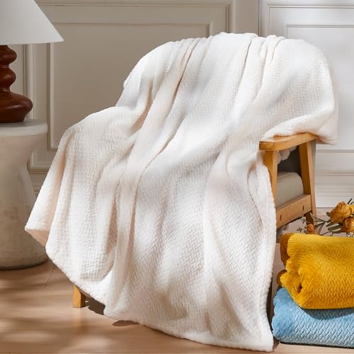 NEWCOSPLAY Super Soft Throw Blanket Ivory Premium Silky Flannel Fleece Leaves Pattern Lightweight Bed Blanket All Season Use (Ivory, Throw(50"x60")) - Image 1