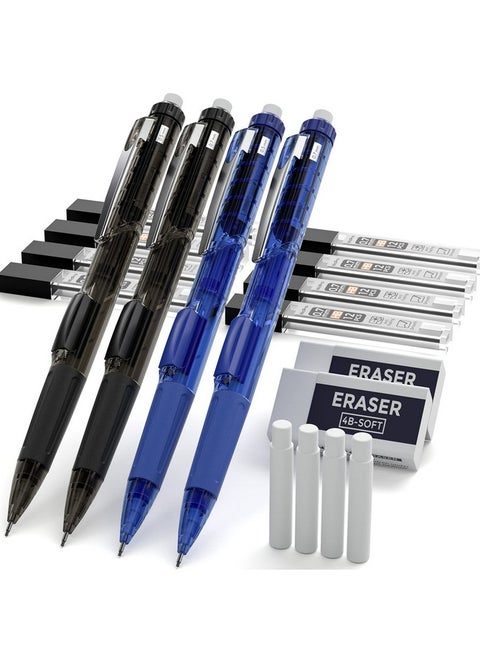 4 Pcs Mechanical Pencils 0.5Mm & 0.7 Mm With Case, Rotate-Erase & Fast Click Pencils With 8 Tubes Lead Refills, 2 Eraser, Eraser Refills For School Student Drawing, Writing, Drafting, Sketching