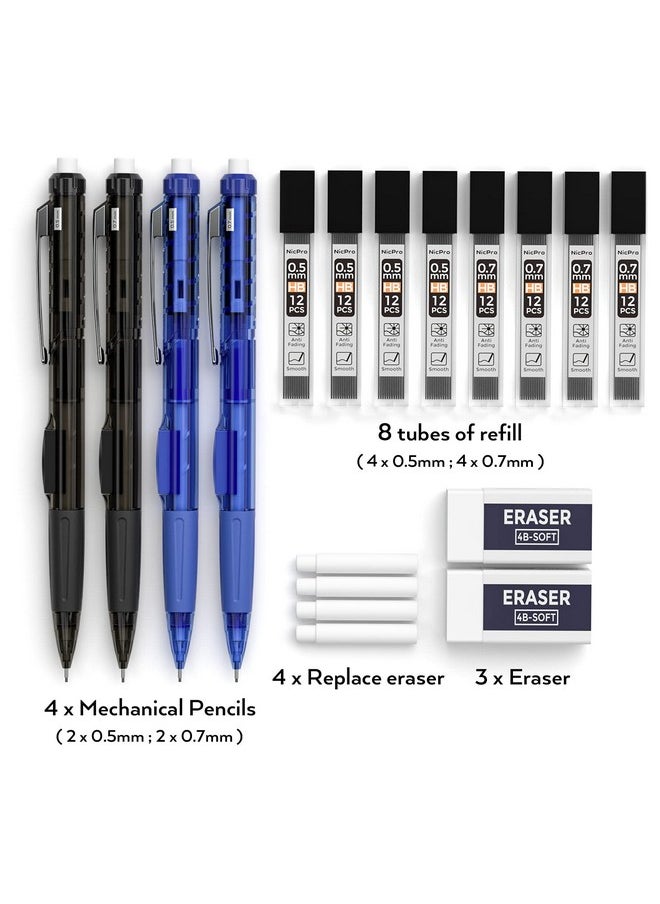 Nicpro - 4 Pcs Mechanical Pencils 0.5Mm & 0.7 Mm With Case, Rotate-Erase & Fast Click Pencils With 8 Tubes Lead Refills, 2 Eraser, Eraser Refills For School Student Drawing, Writing, Drafting, Sketching - Image 1