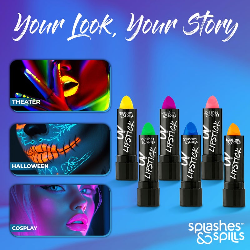 splashes & spills UV Blacklight Lipstick - 6 Color Variety Pack, 3.7g - Day or Night Stage, Clubbing or Costume Makeup - Image 2