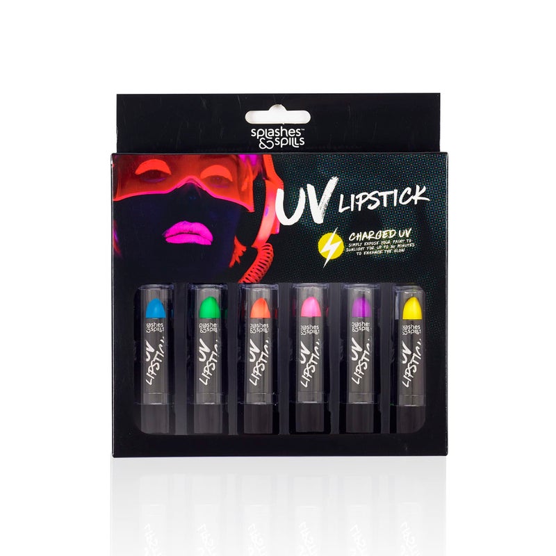 splashes & spills UV Blacklight Lipstick - 6 Color Variety Pack, 3.7g - Day or Night Stage, Clubbing or Costume Makeup - Image 1
