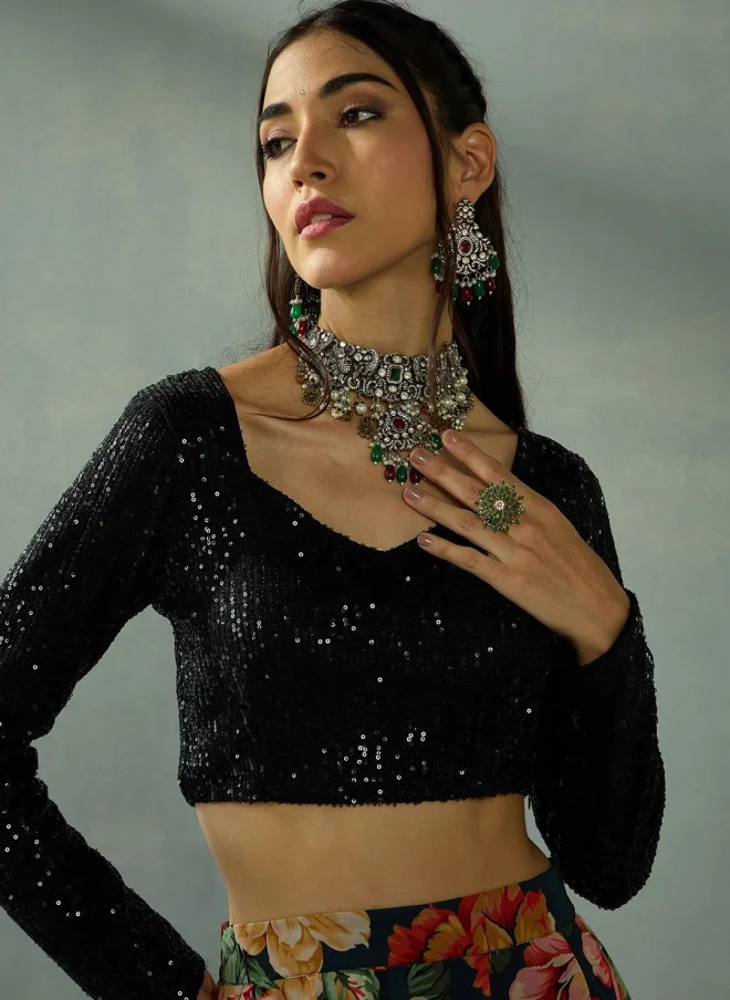 SASSAFRAS Sequinned Black and Pink Lehenga Choli for Women