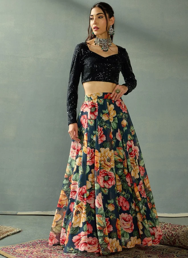 SASSAFRAS Sequinned Black and Pink Lehenga Choli for Women